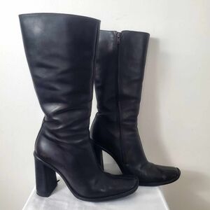 Y2K Square Toe Black Leather Boots Chunky Rectangle Heel Water Resistant